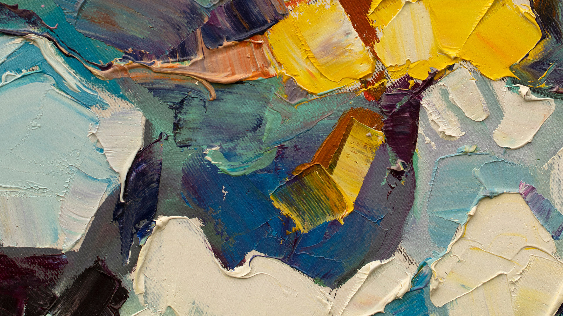 Abstract oil painting with thick, textured brushstrokes in yellow, blue, teal, and cream tones.